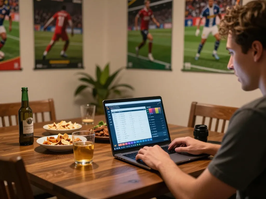 Engaged in sports betting while studying tỷ lệ kèo nhà cái on laptop at home
