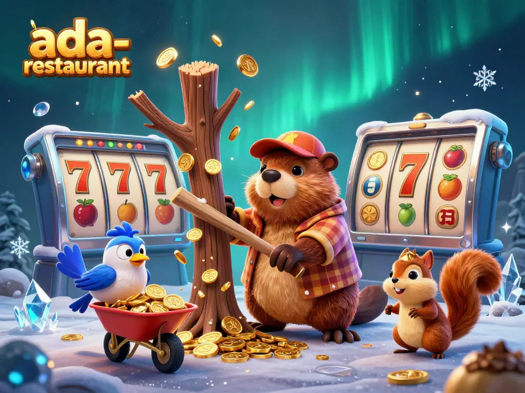 Experience the excitement at ada-restaurant with a vibrant scene of a cartoon beaver and friends enjoying gold coin rewards.