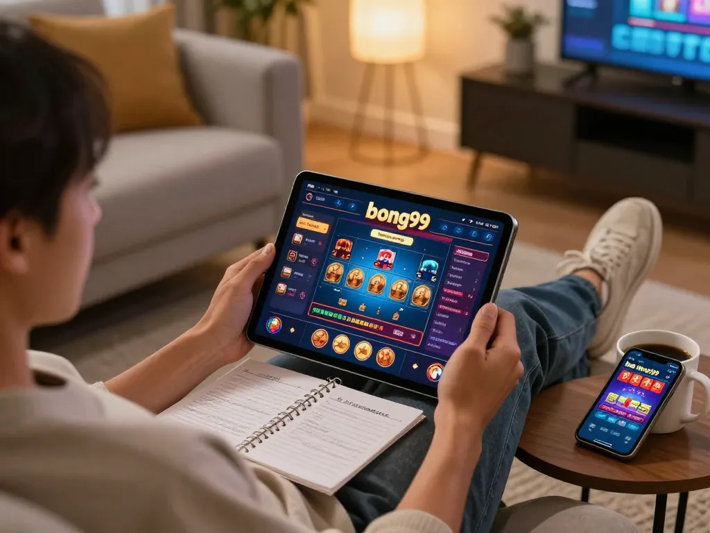 Person using bong99 tablet for online gaming in a cozy living room setting.