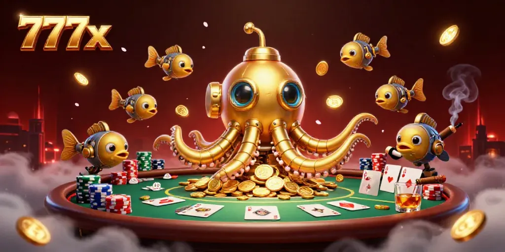 Experience thrilling games and winning excitement with 777x, featuring a 3D golden kraken submarine and poker elements.