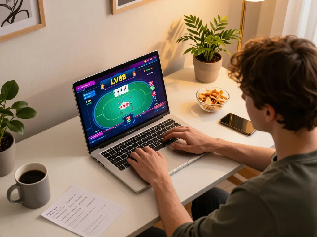 Player enjoying online poker at LV88 on a laptop, creating a cozy and responsible gaming atmosphere.