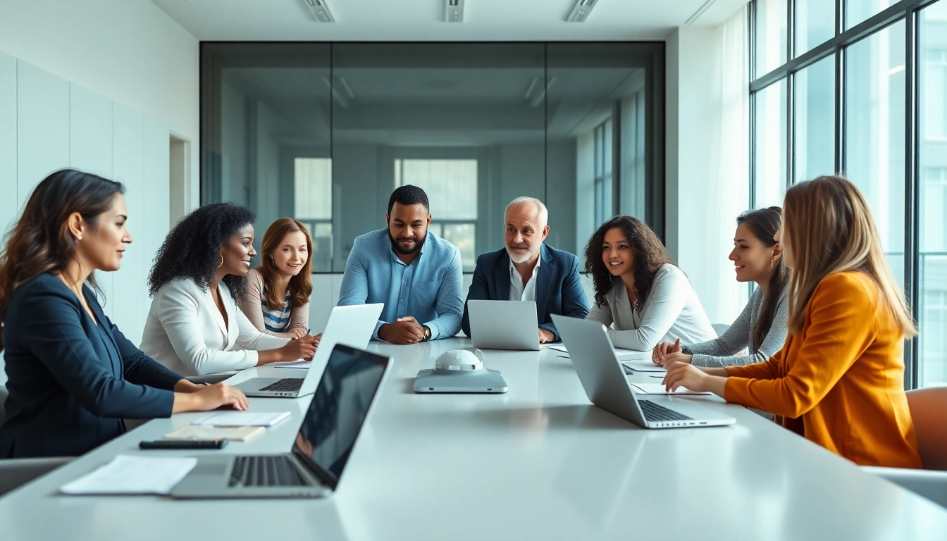 Adverise your business concept with diverse professionals collaborating in a modern setting.