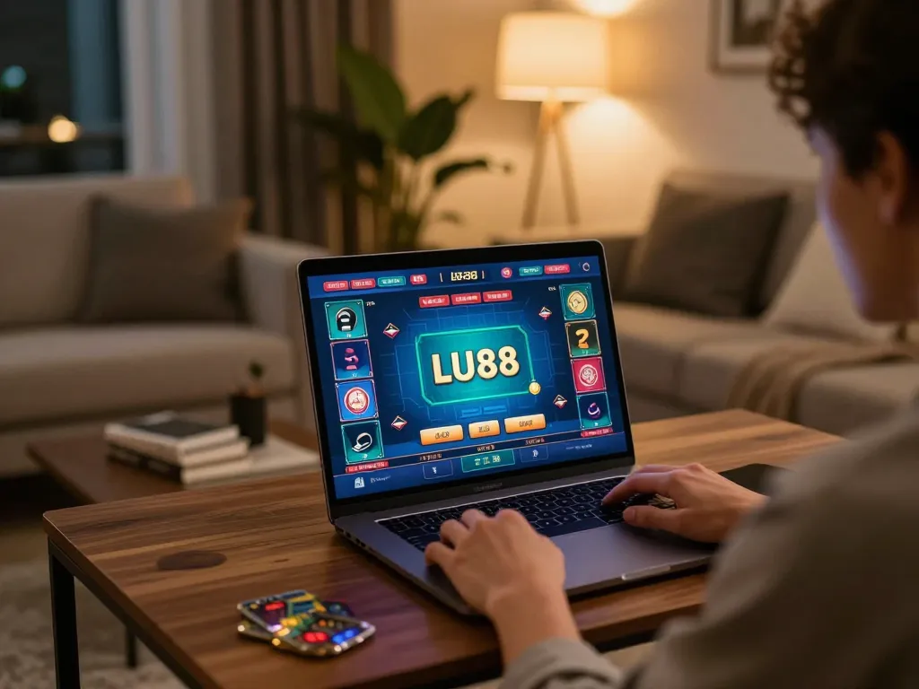 Engaging in a LU88 game on a laptop in a cozy home setting while enjoying online gambling