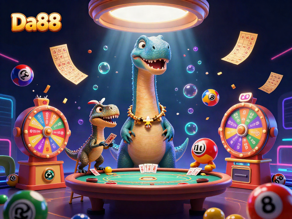 Join the excitement at Da88 with vibrant lottery elements amidst a fantastical casino scene.