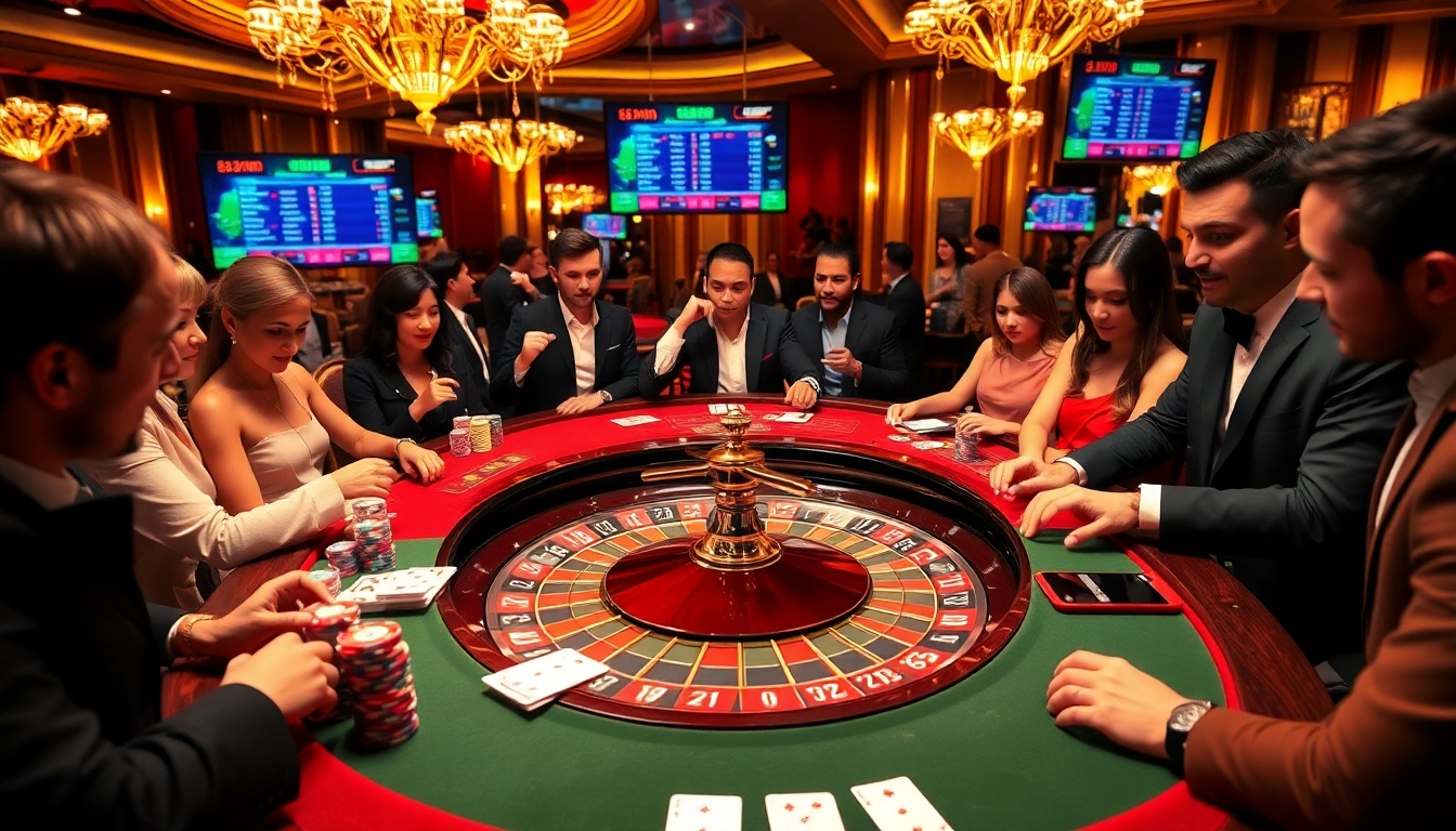 Players engaging with the vibrant casino atmosphere at 58win com, featuring roulette and poker action.