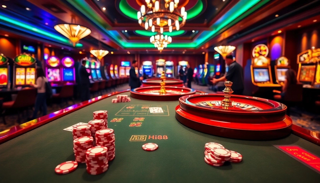 Hi88 players enjoying an exciting moment at a luxury online casino table filled with poker chips.