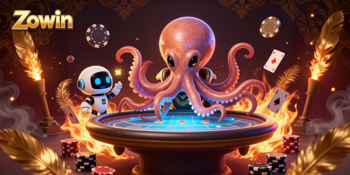Zowin highlights an engaging poker scene with a vibrant alien octopus and a robot, surrounded by dynamic casino elements.
