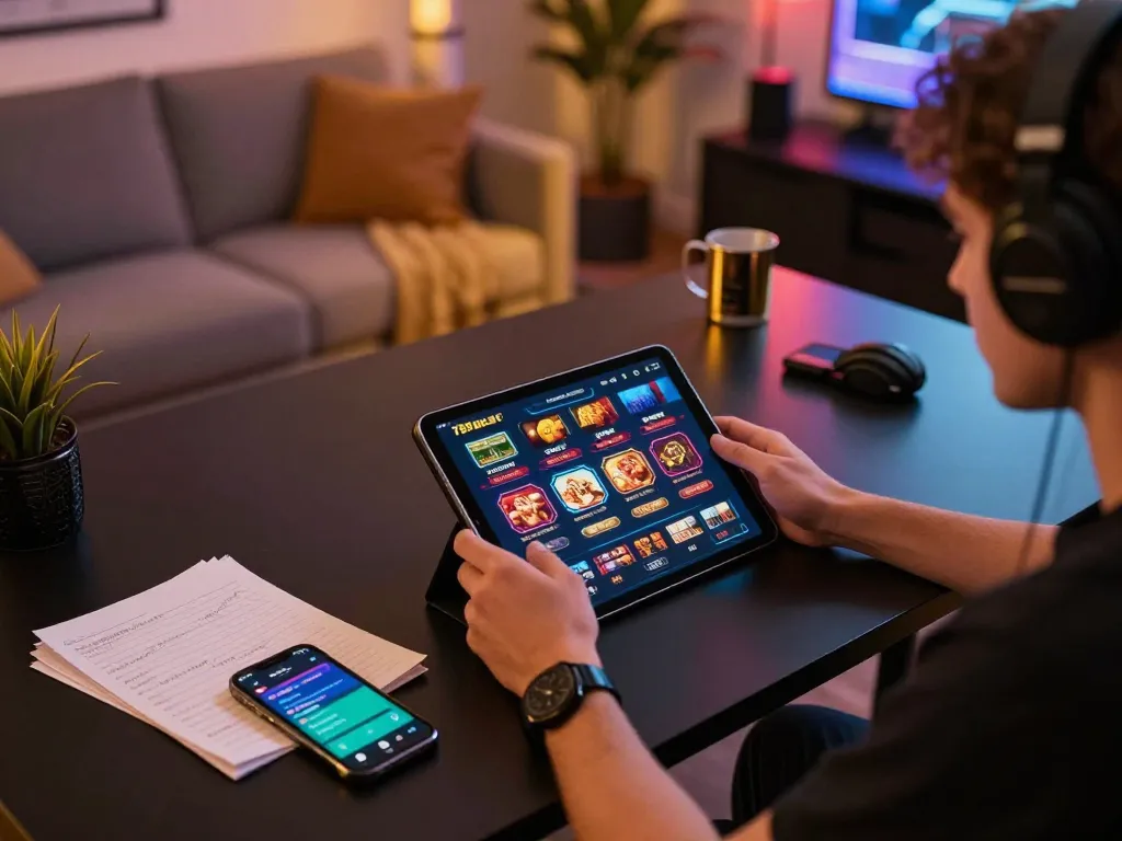 Engaging with link 789bet on a tablet in a cozy home gaming setup