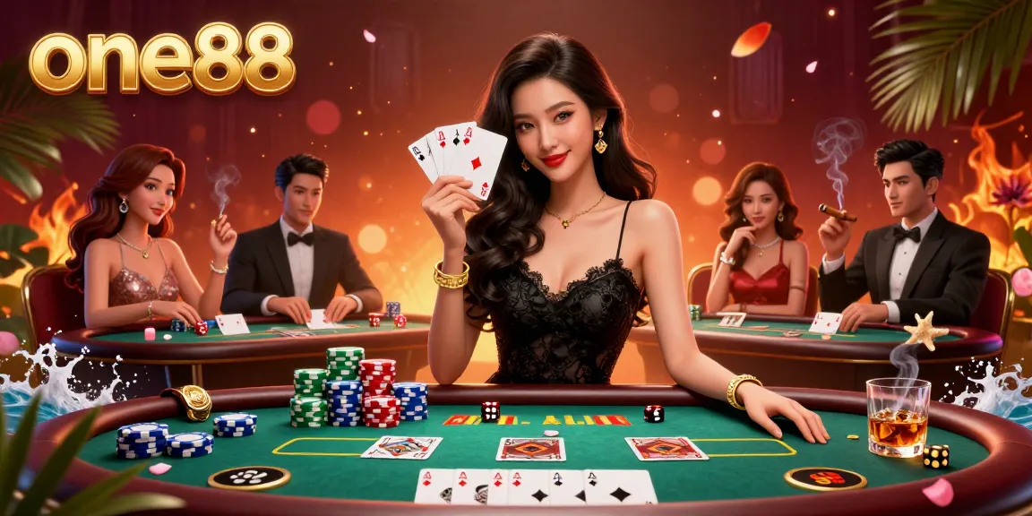 Experience the thrills of gambling with one88 as a photorealistic Asian woman showcases poker cards in a rich casino setting.