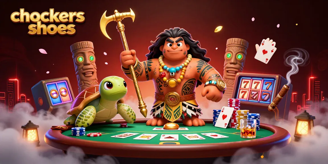Experience thrilling chockers shoes gameplay with a vibrant casino scene filled with poker chips and slot reels.