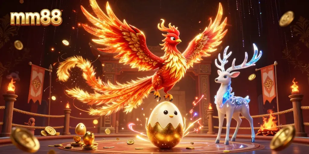 Engage with mm88 gaming as a fire phoenix rises, symbolizing winning fortune and excitement in betting.