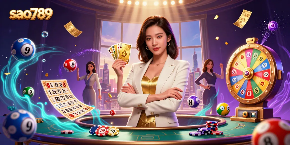 Experience the thrill at sao789 with vibrant casino elements and a powerful business-woman holding a golden deck of cards.