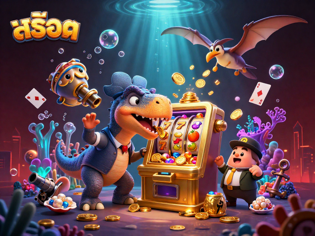 Slot machine excitement with สล็อต as a pachycephalosaurus wins a jackpot amidst dynamic casino chaos.