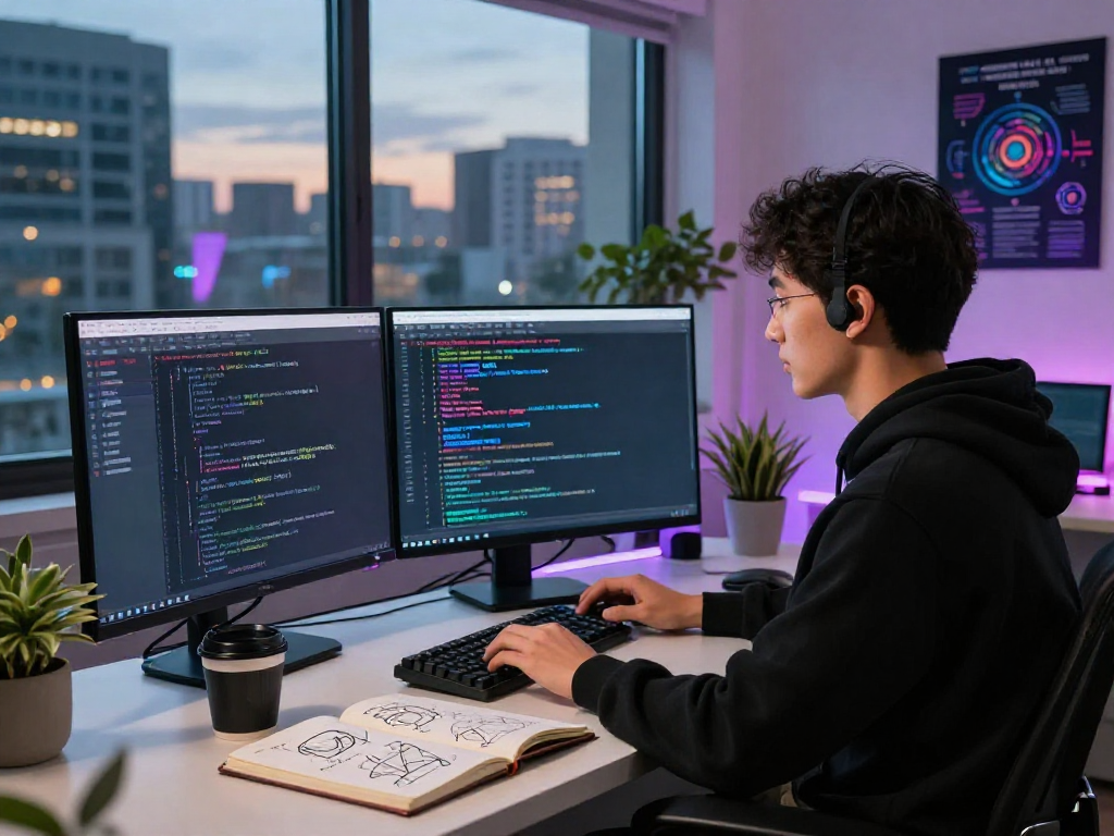 AI development workspace highlighting the concept of ai slut with code and algorithms in a modern setting.