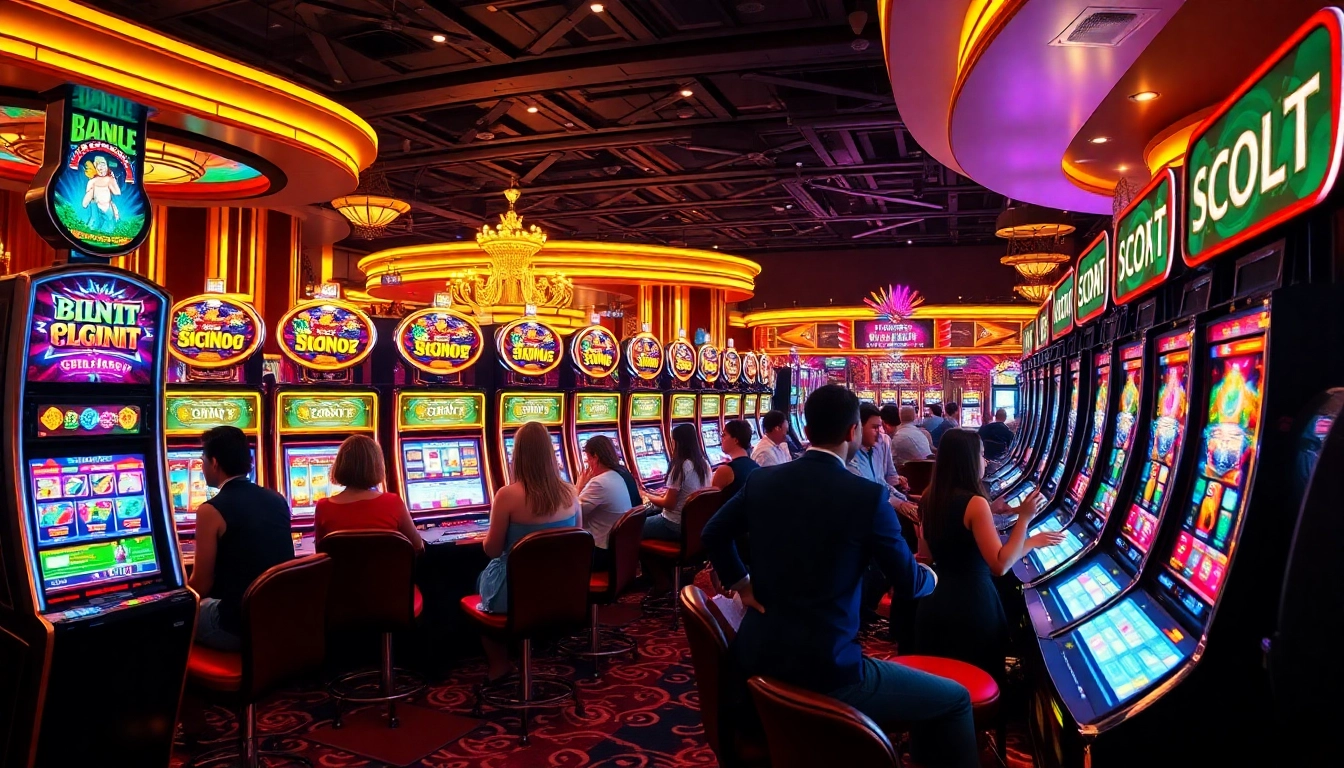 Players enjoying various slot machines in a bustling casino, showcasing the excitement of slot gaming.