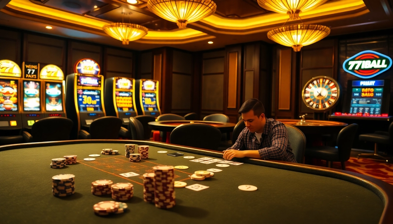 Experience thrilling gameplay at 77BALL's luxurious casino tables with vibrant slots and strategic poker.