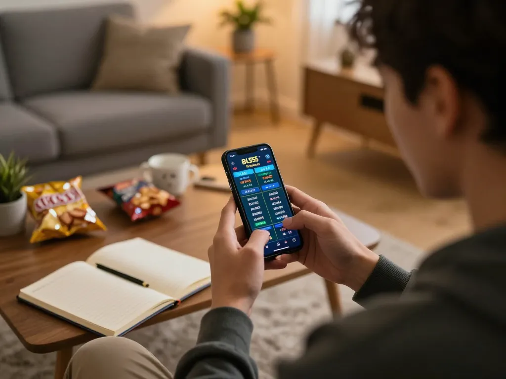 Engaging in sports betting on the BL555 platform using a smartphone in a cozy home setting