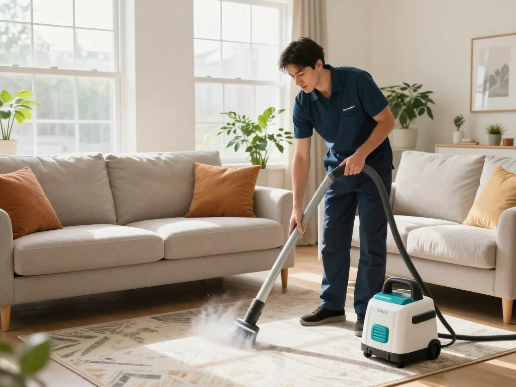 Cleaning & maintenance blogs featuring a professional cleaning upholstery process with eco-friendly equipment in a bright living room.
