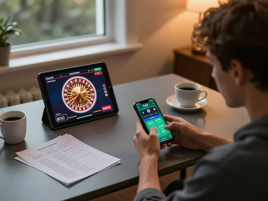 Player enjoying the Go8 mobile casino app, capturing strategic betting moments in a cozy home setting