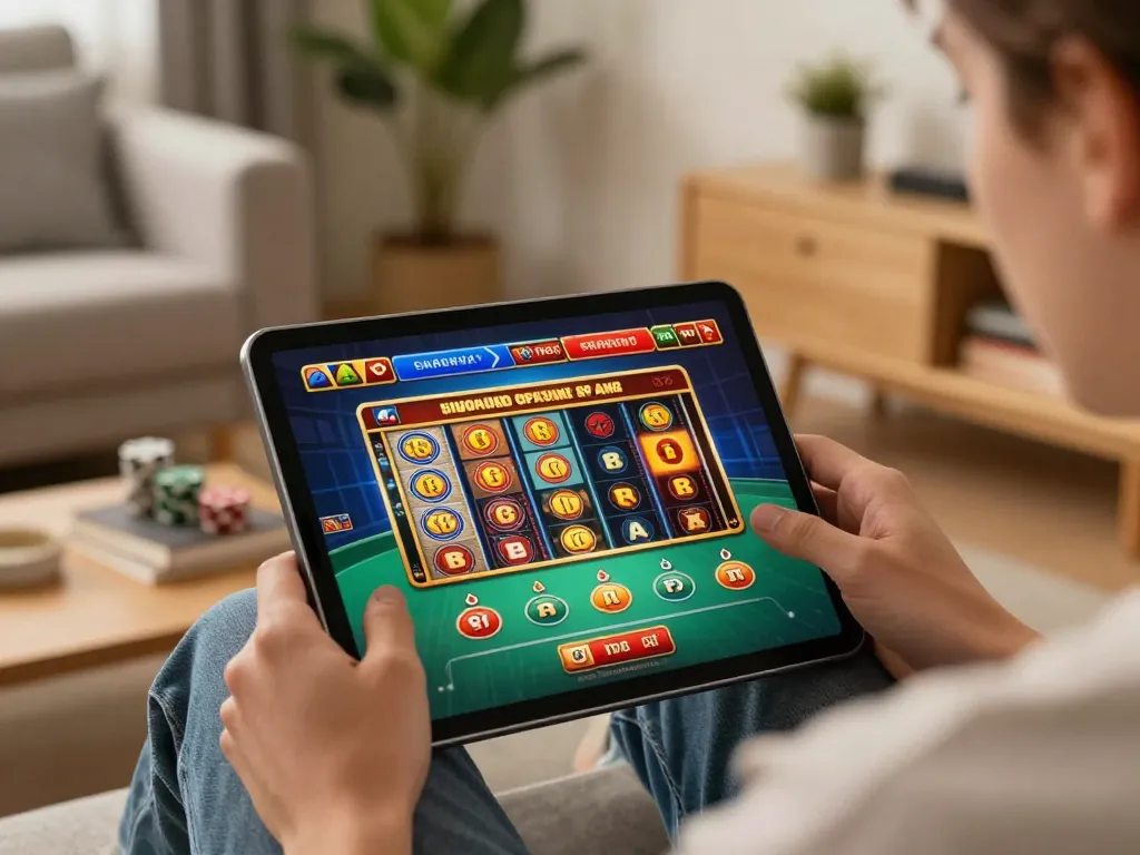 Engaging with 555win com on a tablet in a cozy home setting, showcasing online gambling experience.