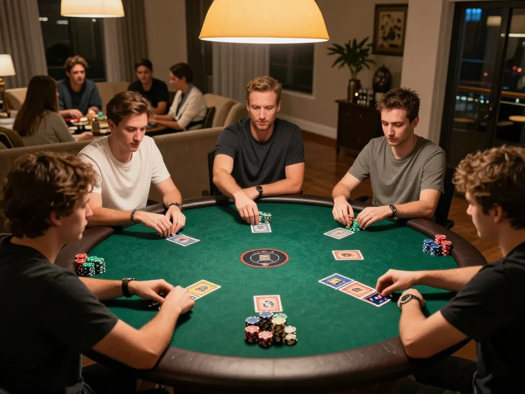 Players strategizing at a Net88 poker game night in a warm, inviting setting.