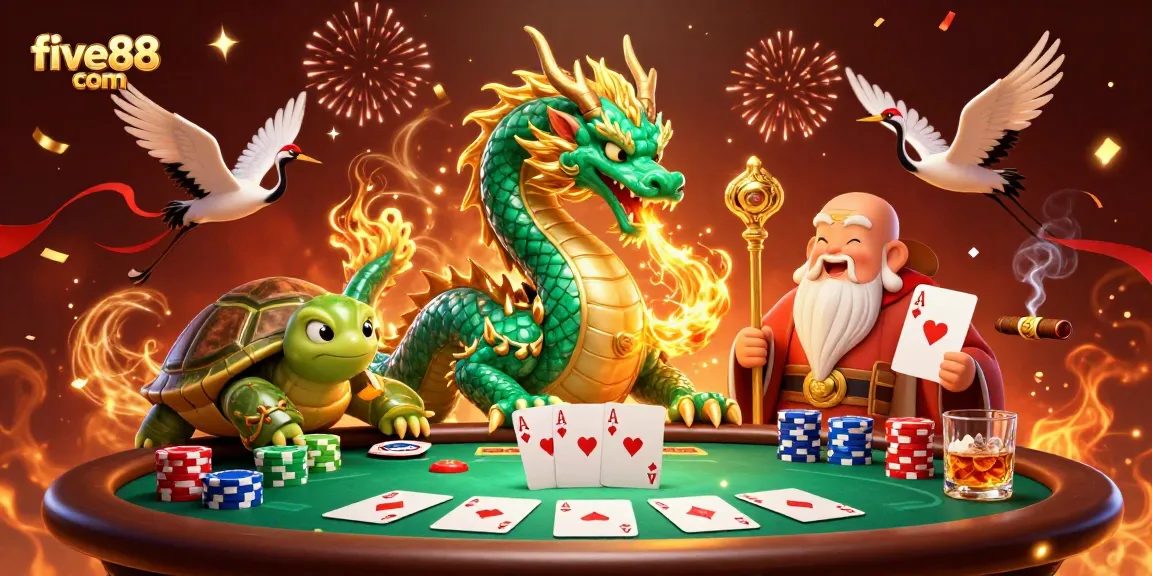 Experience vibrant gameplay at five88 com with a dragon and turtle sage in a rich casino setting.