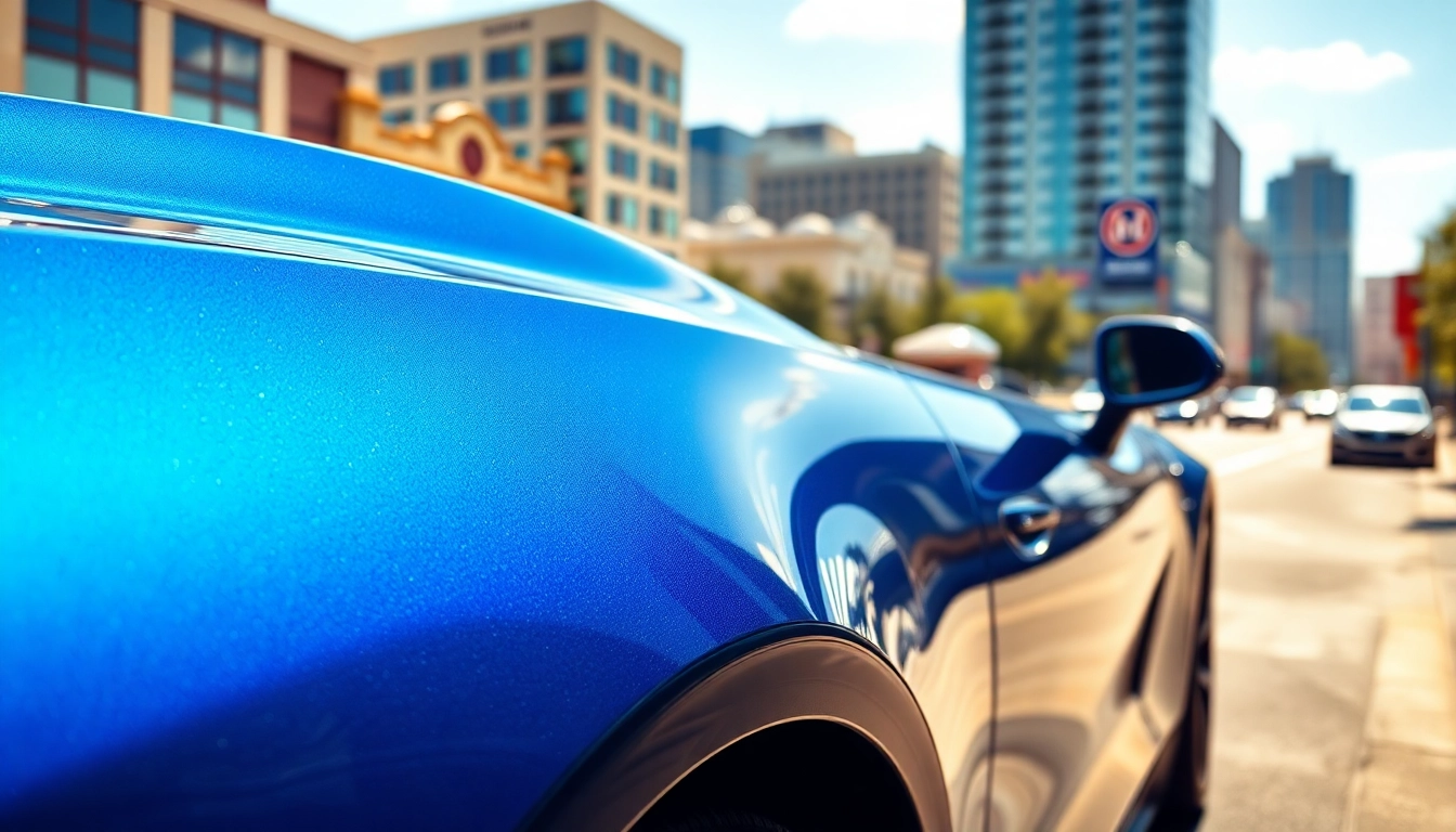 PPF Chattanooga installation on a sleek car with vibrant colors and city backdrop.