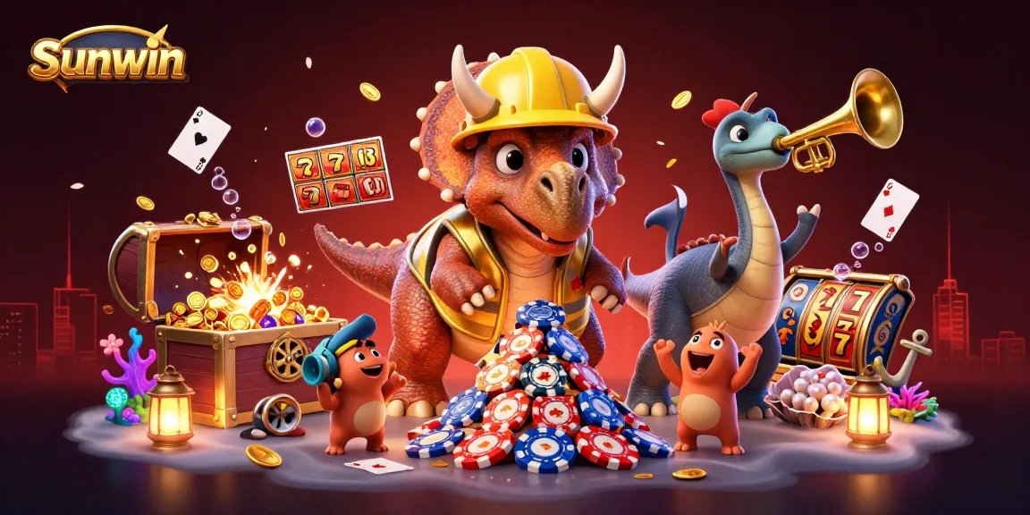 Sunwin features a lively scene with triceratops building poker chip pyramids amidst casino themes.