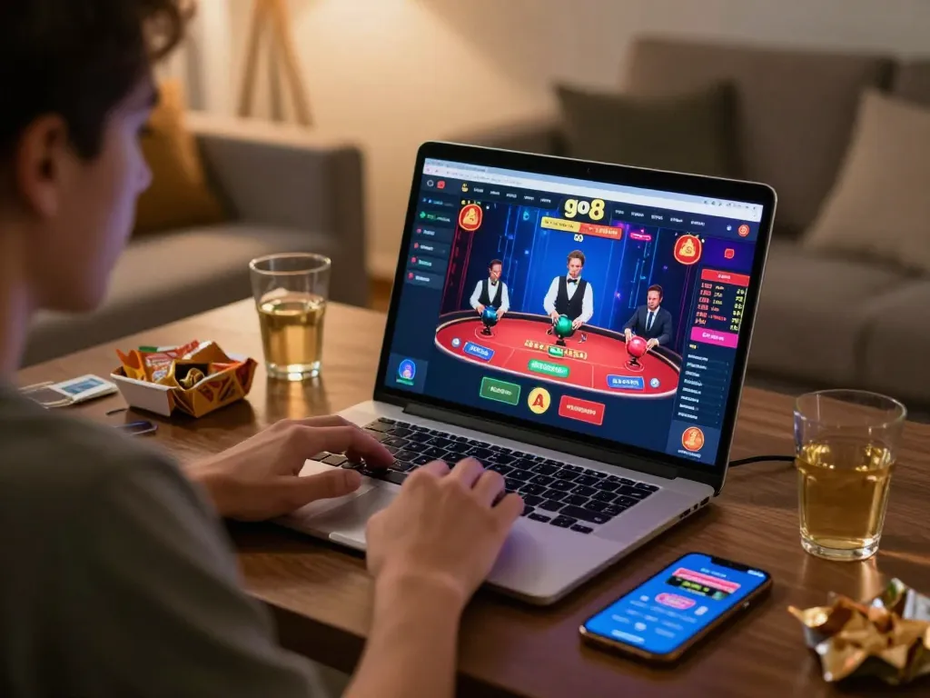 Engaging online gambling experience displayed on go8 casino interface from a cozy home setting