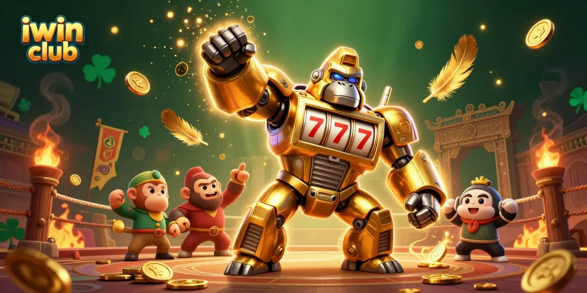 Engage in the excitement of the iwin club with a dynamic casino battle scene featuring a golden gorilla mech.