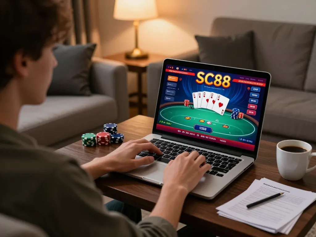 Playing poker on SC88 online in a cozy living room setting, with chips and cards visible.