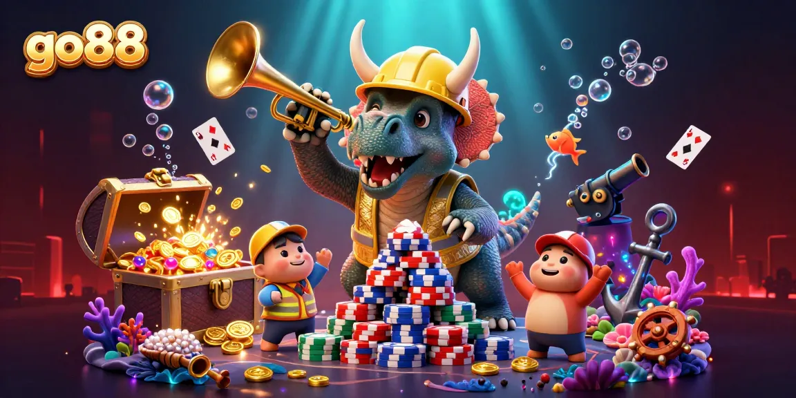 Engage with go88's dynamic casino action as triceratops build poker chip towers amidst underwater treasures.