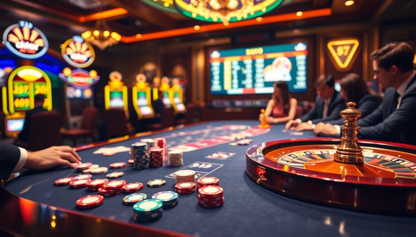 High-quality casino scene showcasing poker and betting excitement with okwintv branding.