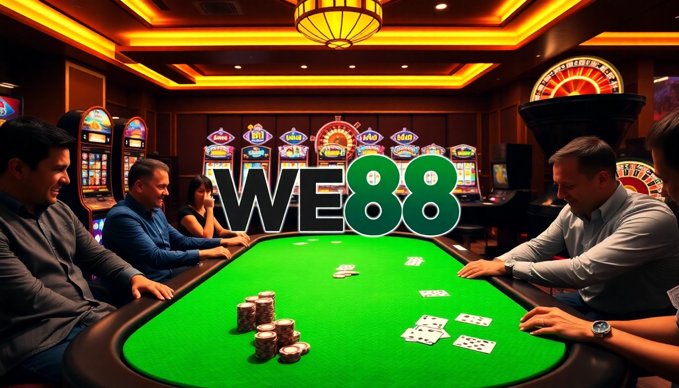 WE88 casino scene featuring poker players, vibrant slot machines, and glowing roulette wheel.