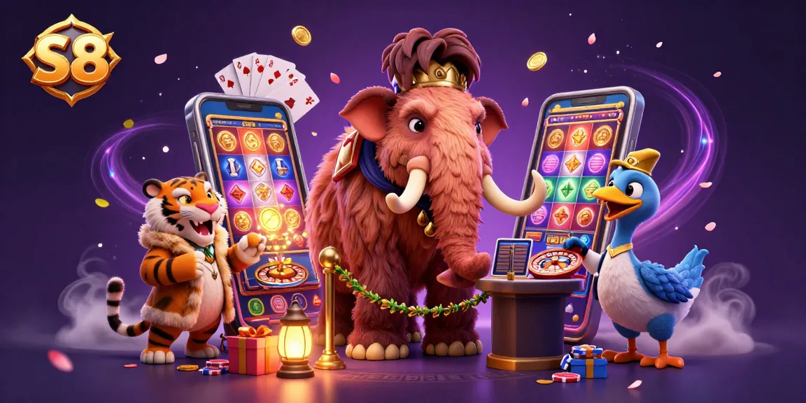 S8 casino features a bouncer mammoth, VIP saber-tooth, and dodo doorman in a vibrant illustration.
