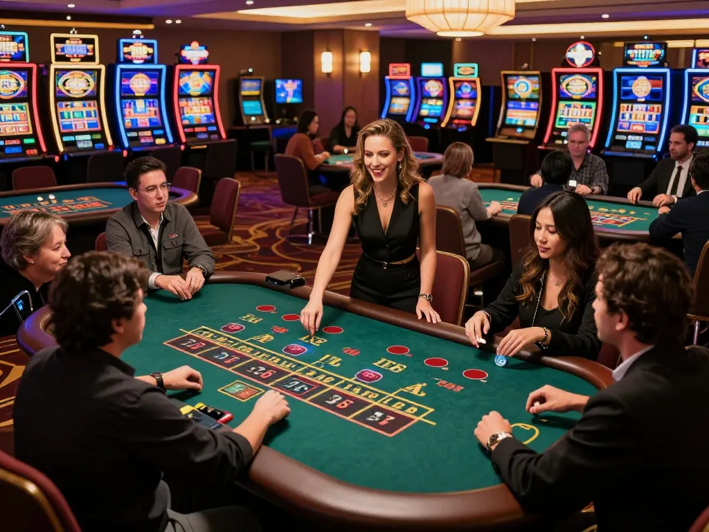 Players engaging in an exciting baccarat game at 79win casino with a lively dealer.