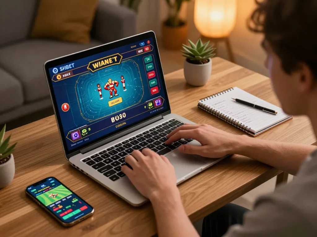 Engaging with SHBET on a laptop for live dealer games and betting strategies in a cozy home
