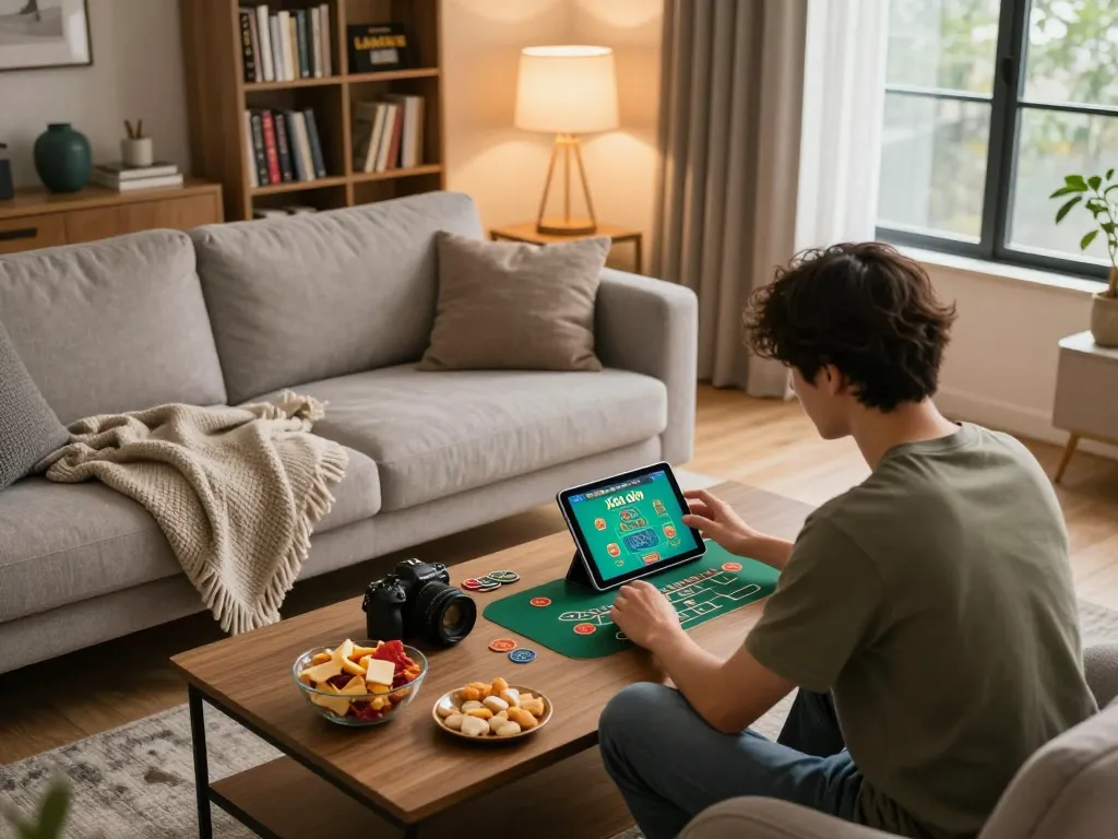 Player enjoying xóc đĩa online on a cozy tablet setup in a warm living room atmosphere.