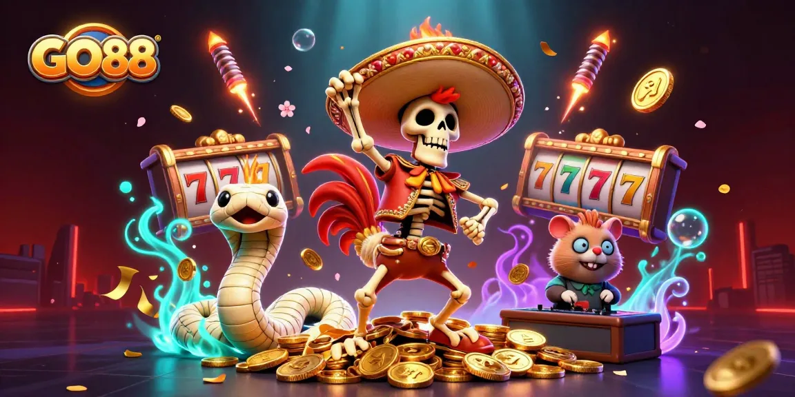 Experience winnings at GO88 with a vibrant 3D casino party scene featuring engaging characters and game elements.