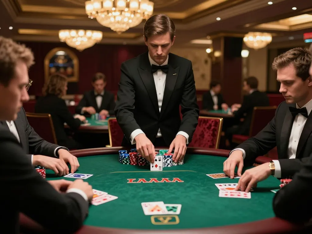 Players engage in strategic poker gameplay at a luxury casino table, showcasing the excitement of betting with tr88 chips