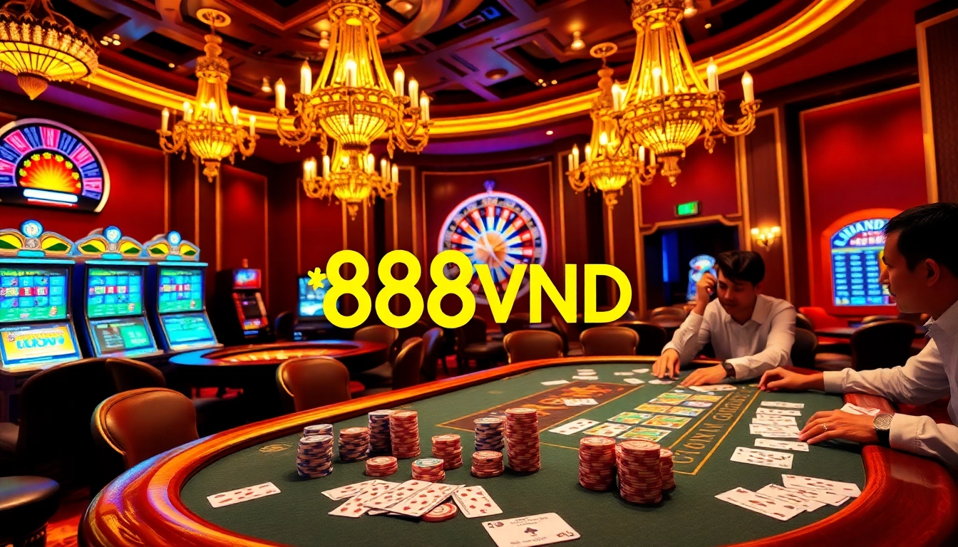 Players engaging at the 888VND poker table, showcasing high-stakes excitement and casino ambiance.