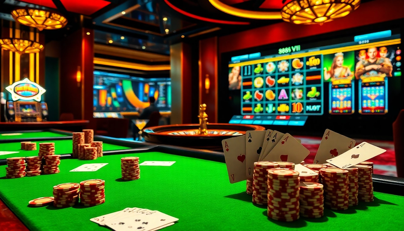 Experience the excitement of 888VI with vibrant poker chips and a lively virtual casino interface.