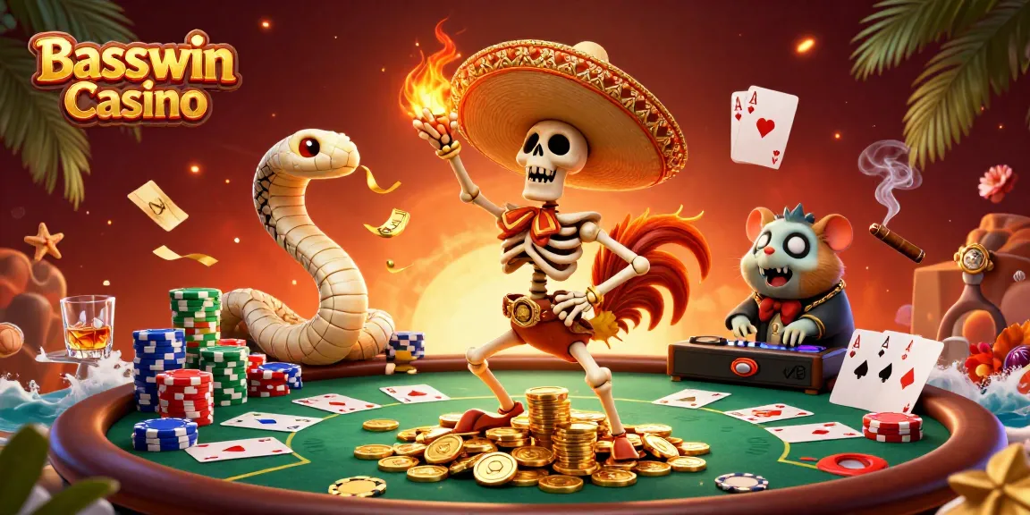 Basswin Casino features a vibrant scene with a dancing skeleton, mummy snake, and DJ hamster amidst poker elements.