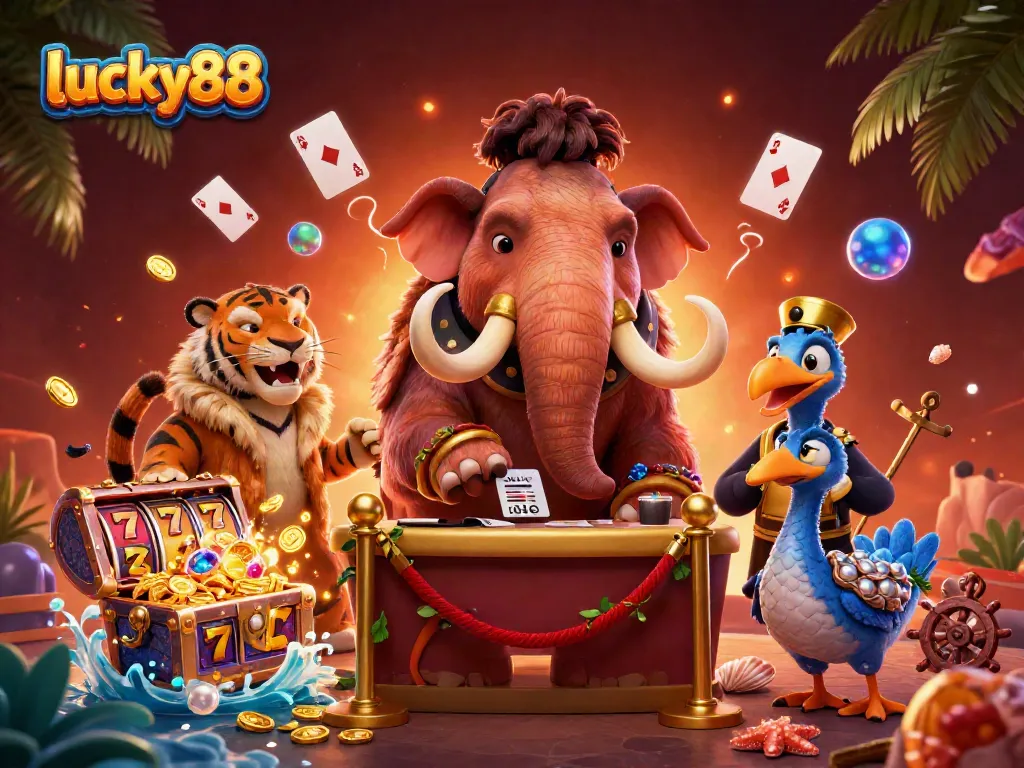 Engage with exciting lucky88 slots in a vibrant 3D casino scene with lively characters.