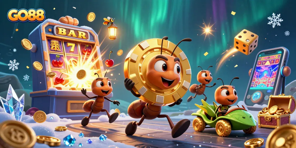 GO88 offers an exciting gaming experience as ants carry a massive golden poker chip through a colorful casino.
