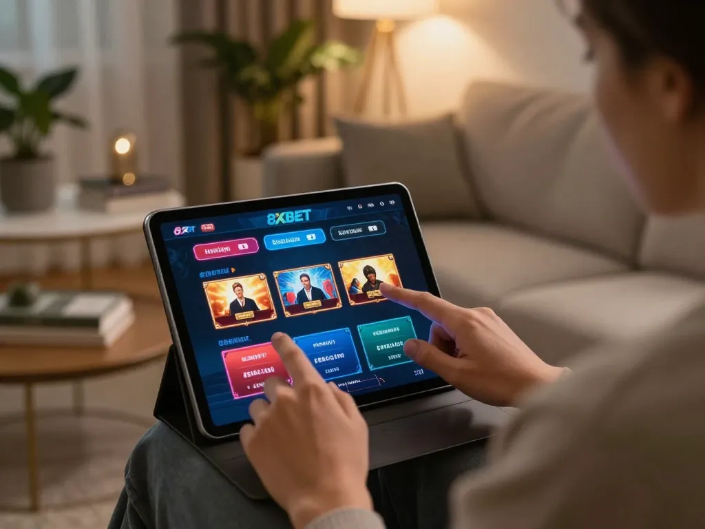 Engaging with the 8XBET betting app in a cozy home setting for online gaming.