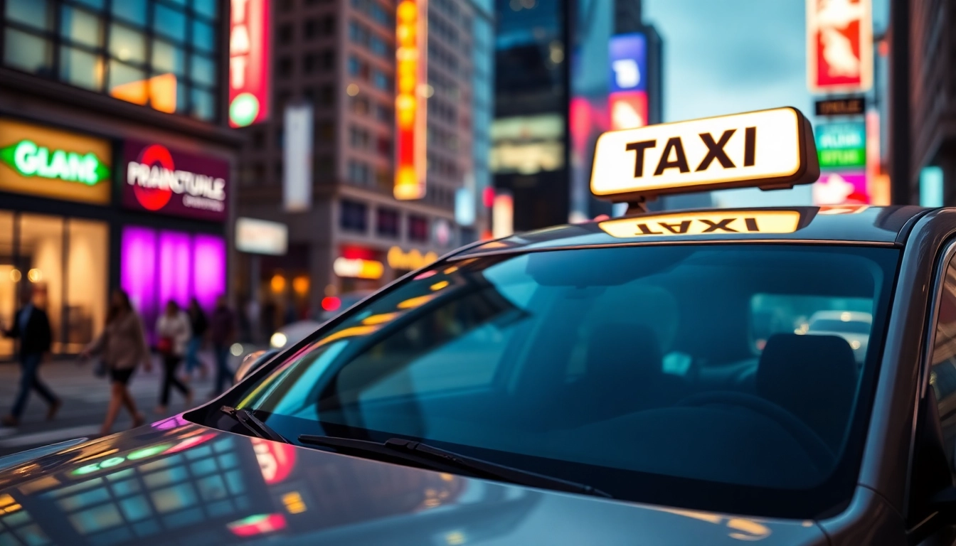 Reliable taxi navigating through a vibrant city street at dusk.