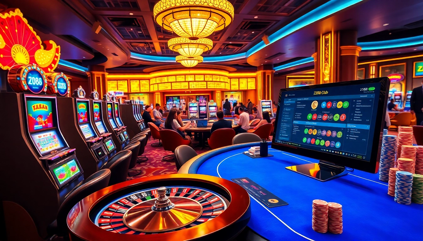 Engaged gamblers enjoying a thrilling scene at https://zk88.club/ with vibrant slot machines and poker tables.