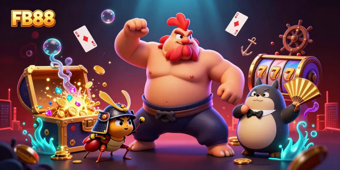 Experience lively casino action with FB88 as sumo rooster and samurai cricket battle amid treasures.