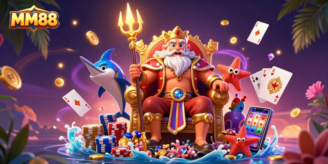 Engage with MM88's magical casino world showcasing Neptune, coins, and gaming elements.
